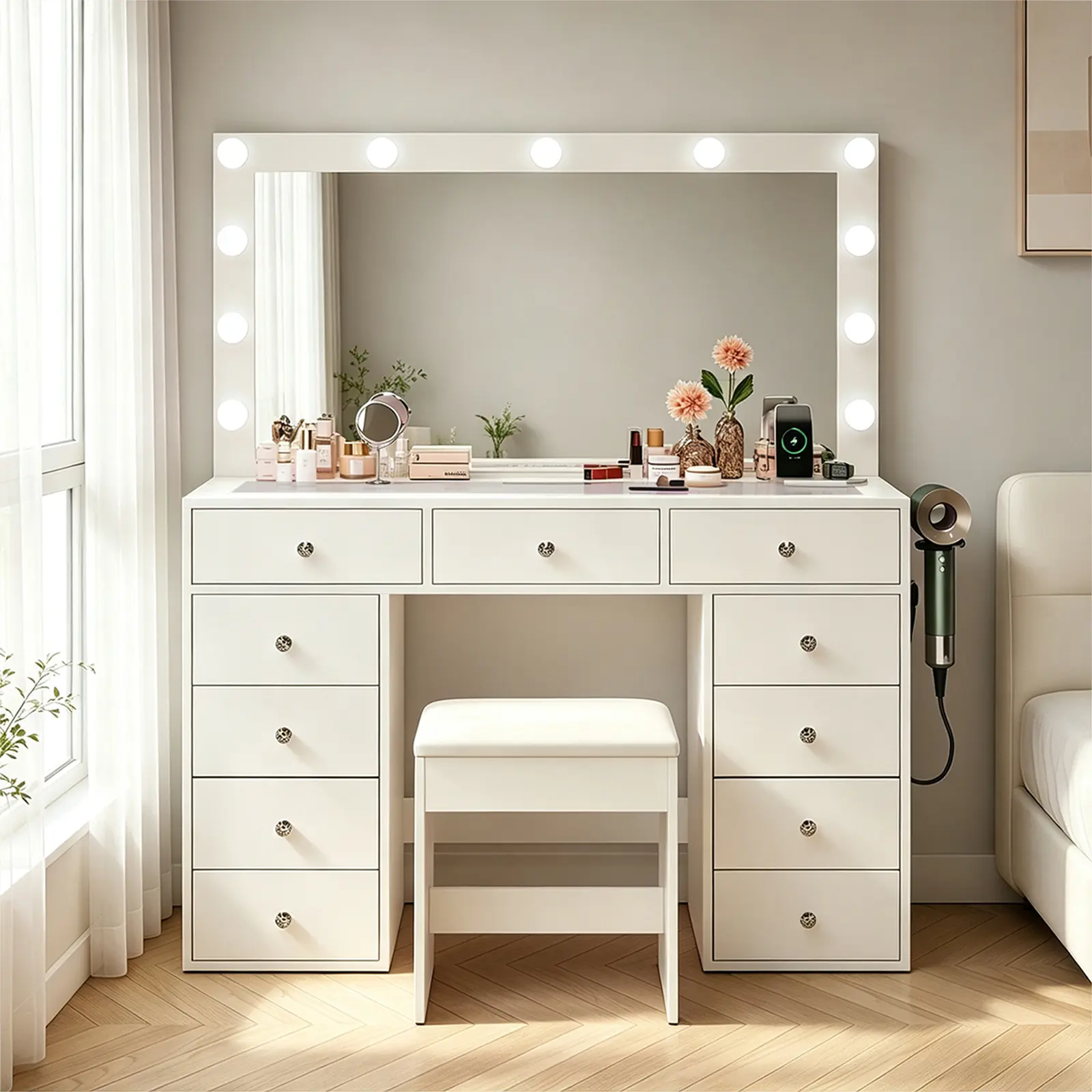 LED Vanity Desk with Hollywood Mirror, Built-in Power Strip & Hair Dryer Holder, 3 Color Temperatures Light, Spacious Storage Drawers, Glass Top Vanity Desk, Bedroom Makeup Station, Ideal Gift for Wife, Comes with Stool
