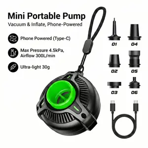 Mini Air Pump Capable of inflation and compression | Powered Directly by The Mobile Phone | 4.5 kPa Air Pressure & 300 L/min Airflow | Includes 6 Inflation Nozzles | Weighs only 1 ounce.