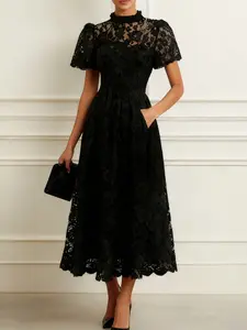 2026 Summer New European and American Fashion Chic Women's Dress, Mesh Lace Patchwork Short Sleeve, Elegant and Slim Fit, Knee-Length Double Layer Dress