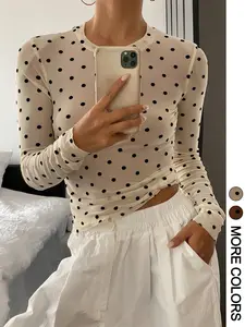 Women's Polka Dot Mesh Long Sleeve Round Neck Fitted Top, Casual Style Without Button or Collar, Perfect for Everyday Wear