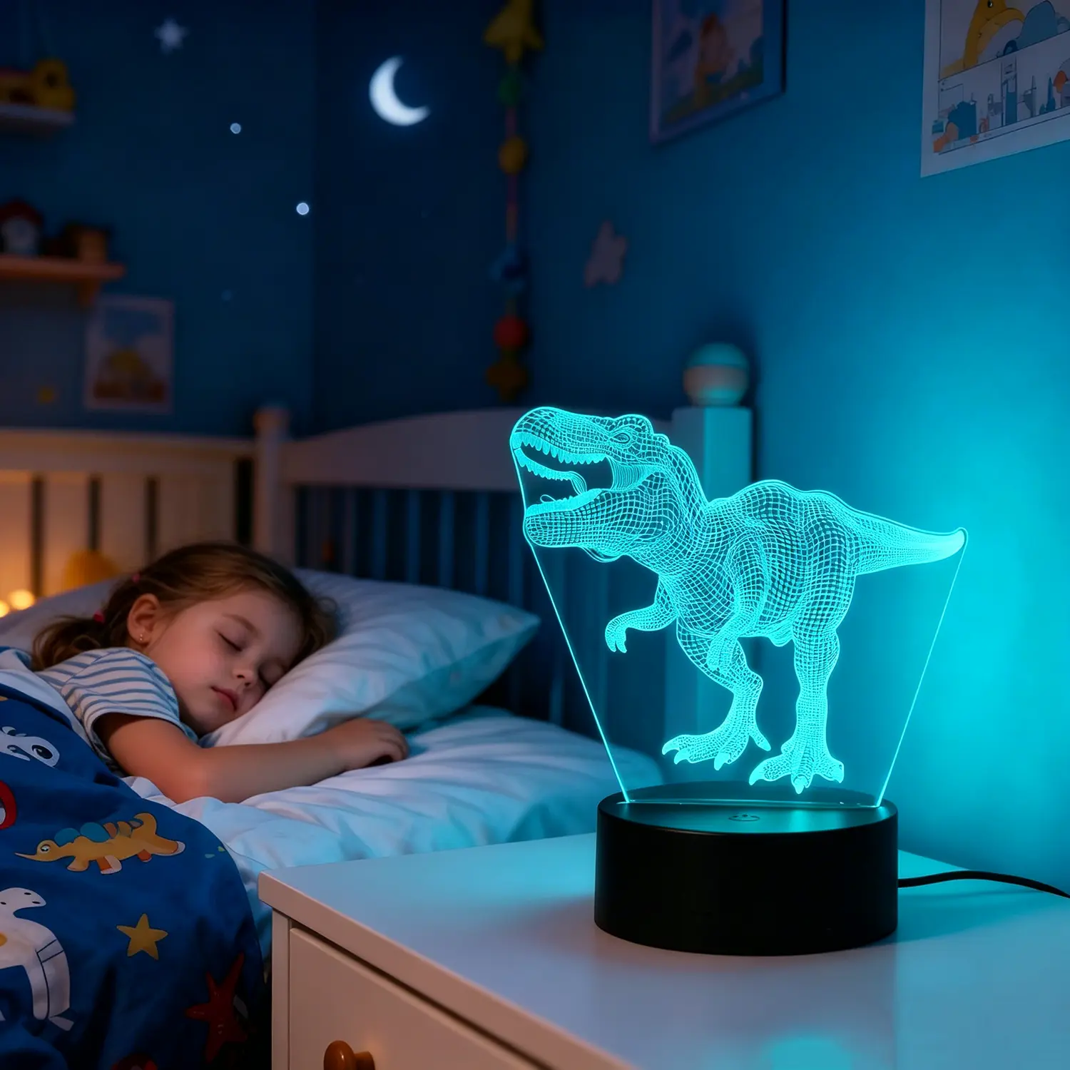 3D Optical Illusion Plastic T-Rex Dinosaur Night Light - USB Powered RGB LED Lights, 16 Color Changing, Remote & Touch Control, Dimmable, Interactive Sensory Novelty Lighting for Kids, Playroom Decor, Perfect Dinosaur Gift