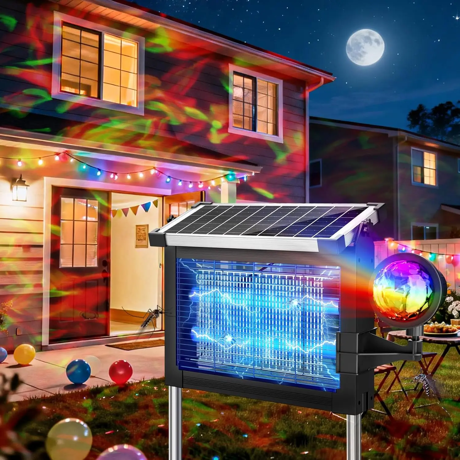 Solar Bug Zapper & Projection Light 2-in-1 Outdoor Waterproof Electric Mosquito Racket Rechargeable Mosquito Lamp Product Features: 10W solar panel 4500V wireless mosquito capture system Ideal for backyards, patios, gardens, RVs, and camping