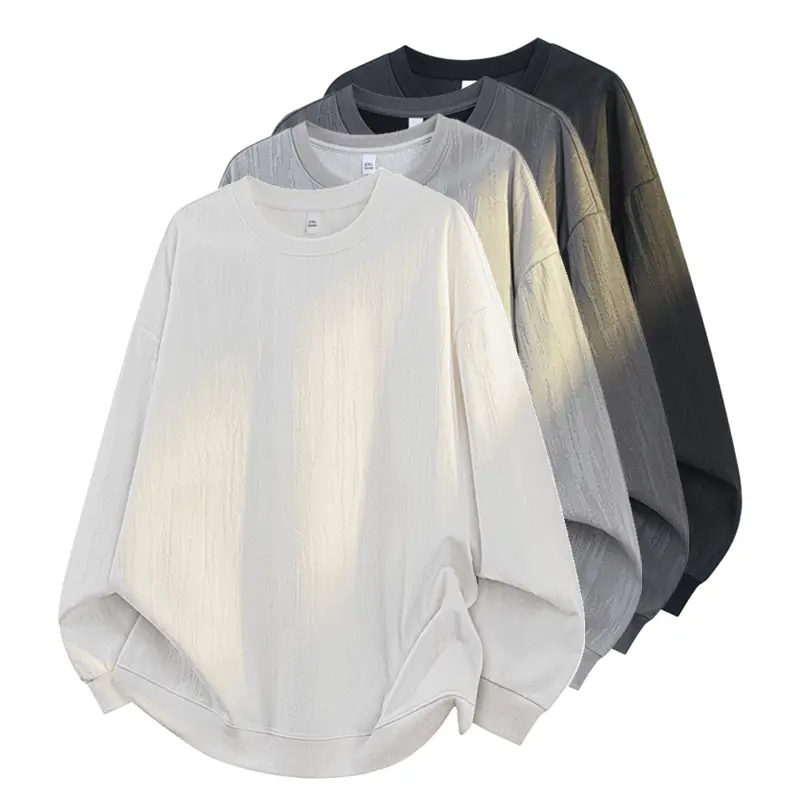 Menswear Textured Vertical Embossed Fabric Crewneck Sweatshirt - Plus Size Big & Tall, Oversized Loose Drop Shoulder Long Sleeve Pullover, Wide Leg-Inspired Niche Minimal Streetwear All-Season Basic Top