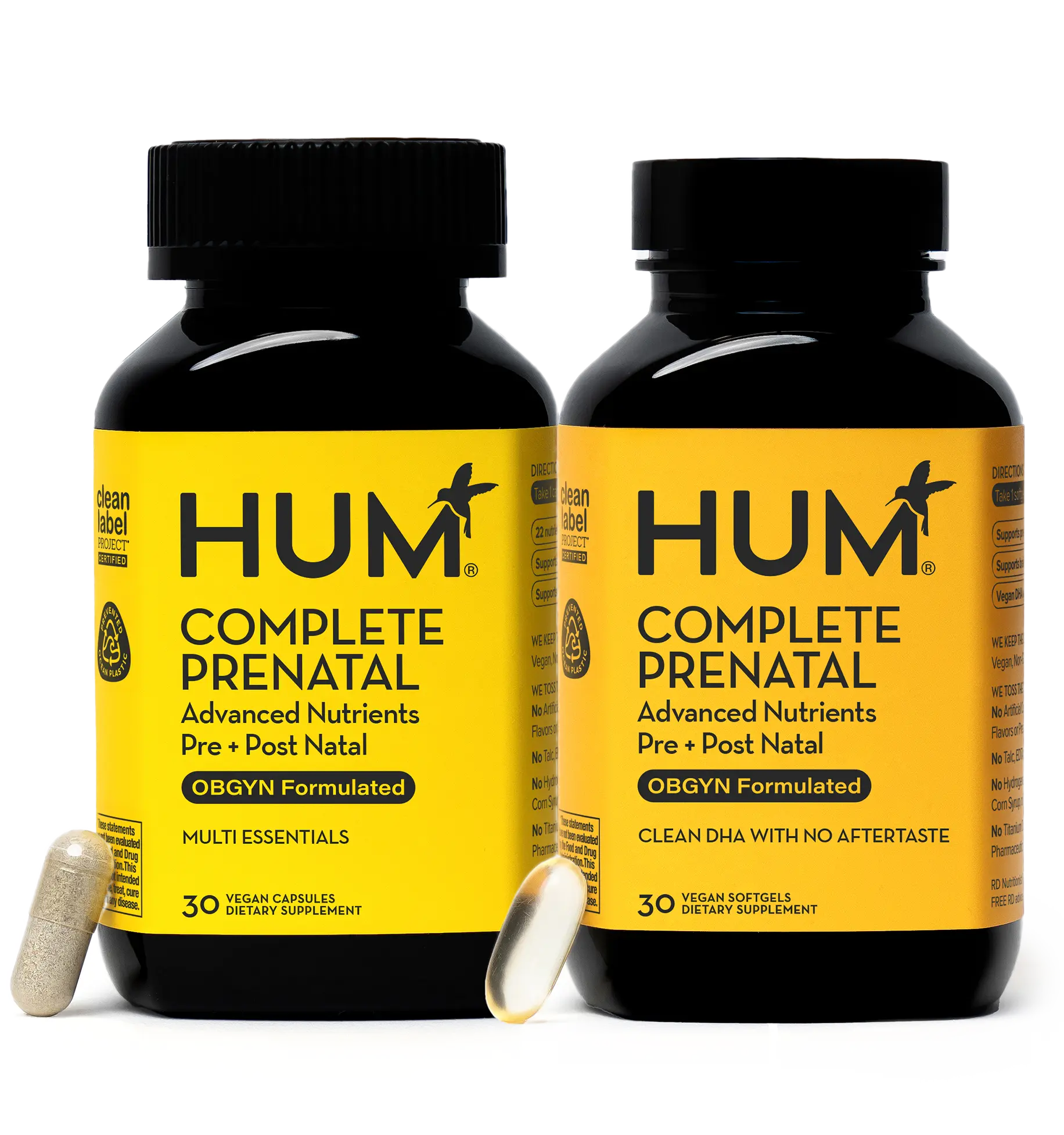 HUM Complete Prenatal - Prenatal & Postnatal Vitamin Combo Pack - OBGYN Formulated Vegan Prenatal Vitamins - Clean Daily Pre-Pregnancy & Post-Pregnancy Support with Choline