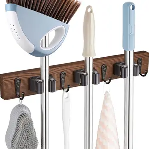 Mop Broom Holder Wall Mount with 3 Slots & 4 Hooks - Wood Broom Mop Hanger for Pantry Kitchen Organization - Garden Tool Organizer for Closet Laundry Room - for Rustic Farmhouse Kitchen Decor
