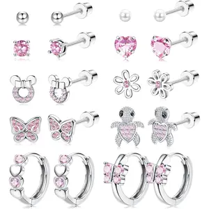Thunaraz 10 Pairs of Shining Sweet Hypoallergenic Screwback Earrings for Women Stainless Steel CZ Heart Hoop Earrings Cute Flower Butterfly Screw Back Stud Earrings Set 20G for Daily Outings Fashion Parties Gifts for Friends Christmas Gift