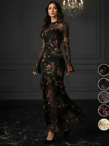 Women's Floral-Print Fitted Dress, Elegant Gothic Flared Long Sleeve Dress for Party Holiday Wedding Guest, Ladies' Clothes for All Seasons
