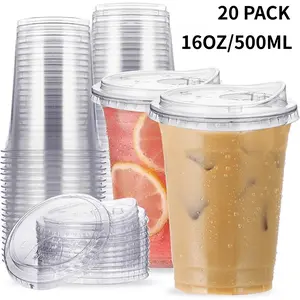 16 oz PET Cold Drink Cups with Leak-Proof Lids (20 Sets) - Easy to Clean, Ideal for Iced Coffee, Milkshakes, Homemade Lattes, Christmas Parties