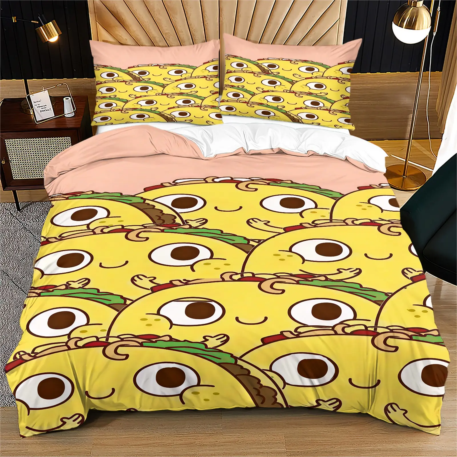 Cute Taco Emoji Printed Bedding Set with Duvet Cover and Pillow Cases, Fun Food Theme for Kids Bedroom Decor, All Seasons Usable