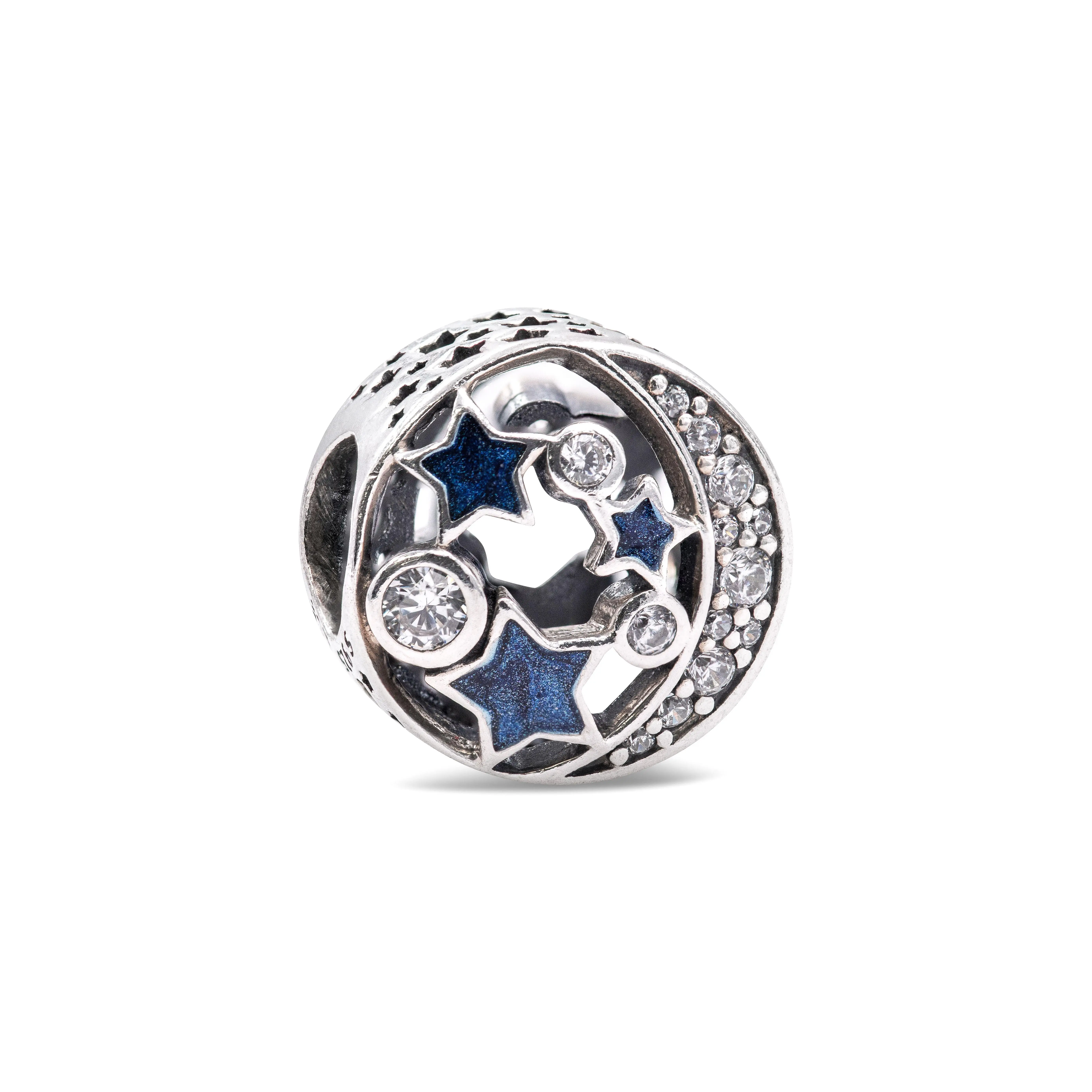 PANDORA Sparkling Night Sky Moon Charm, 925 Real Silver Charms & Pendants, Round Button-Shaped with Bling Effect, Collectibles, All-Silver Charms & Pendants