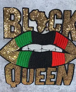 Patch Party Club, 1-pc, Sequins,"Black Queen" Gold/Green/Black/Red Lips, (iron-on) Size 10.5", LARGE Bling Patch for Denim Jacket, Shirts, Hoodies, DIY, Crafts