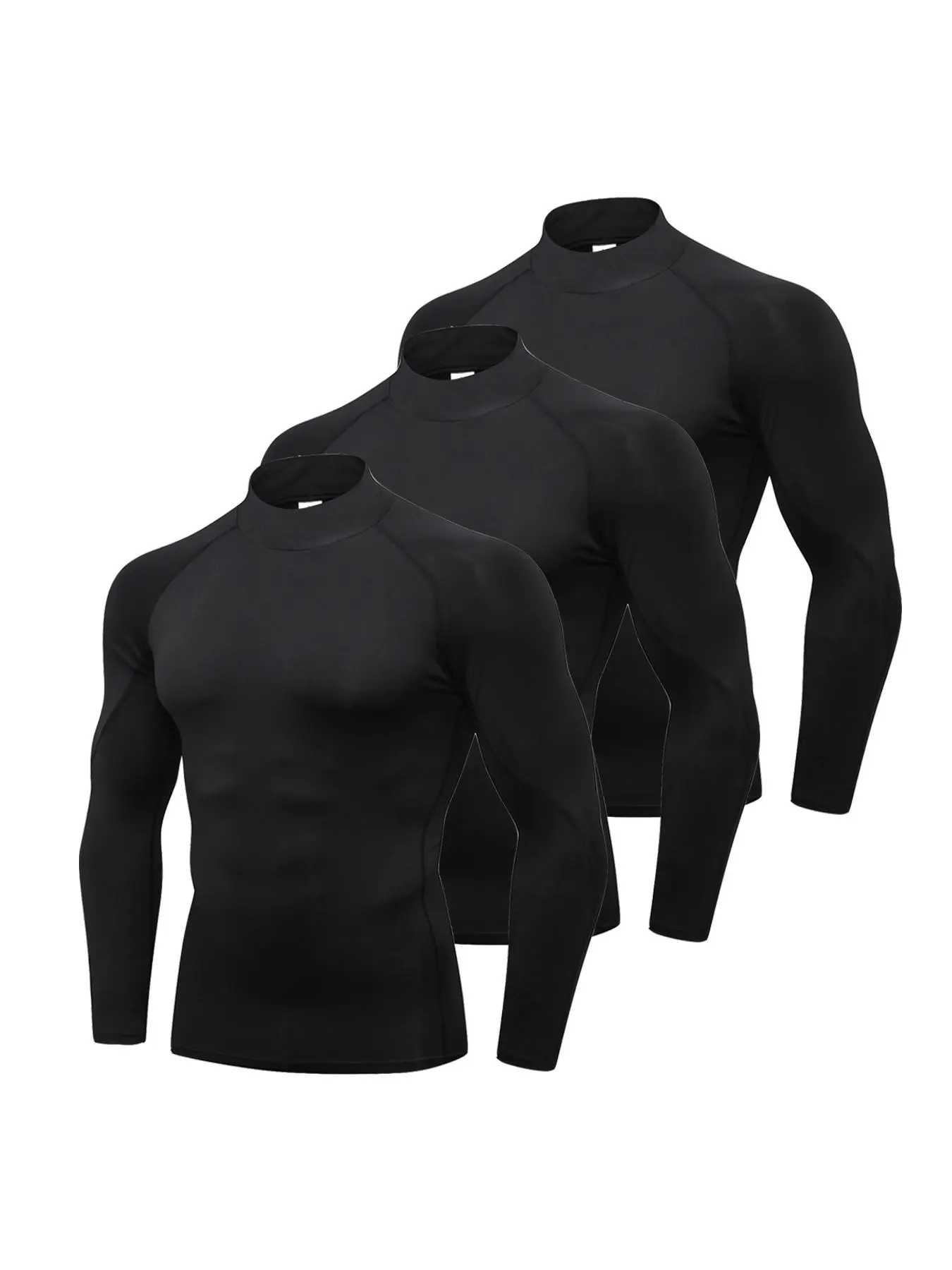 Men's 3pcs Solid Mock Neck Compression Shirt, Long Sleeve Turtleneck T-shirt for Basketball Football Running, Sporty Top for Spring & Fall, Gym Wear, Workout Activewear, Athletic Apparel