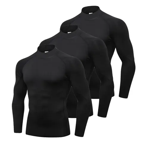 Men's 3pcs Solid Mock Neck Compression Shirt, Long Sleeve Turtleneck T-shirt for Basketball Football Running Athletic Activities, Casual Sporty Top for Spring & Fall, Gym Wear, Activewear Tops