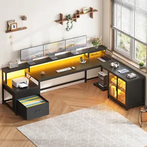 SEDETA 78.7 Inch L Shaped Gaming Desk with LED Light Computer Desk with Drawers Power Outlet Storage Shelves and Display Cabinet