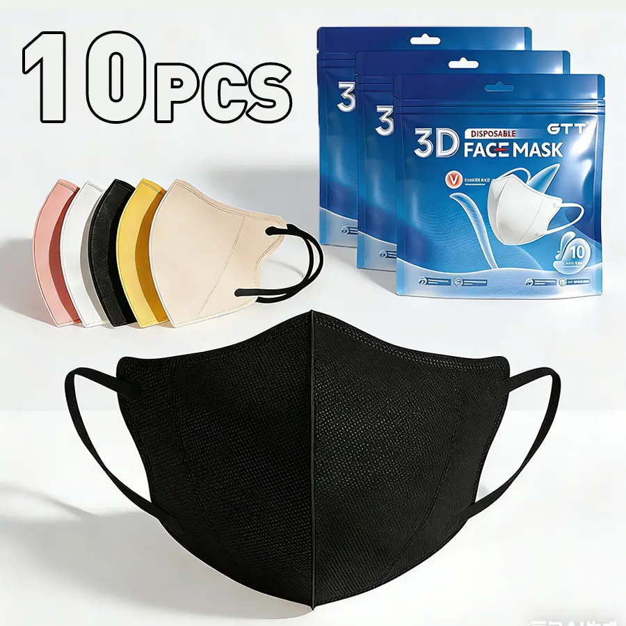 GTT 3D Fashion Face Mask 10Pcs, Black White Yellow Pink Oatmeal, With Soft Earloops, That Won’t Smudge Lipstick, 3-Ply Breathable Comfortable Mask, Filter Efficiency Over 95%, GB/T 32610-2016 Certified, Disposable Protective Masks for Travel & Daily Wear