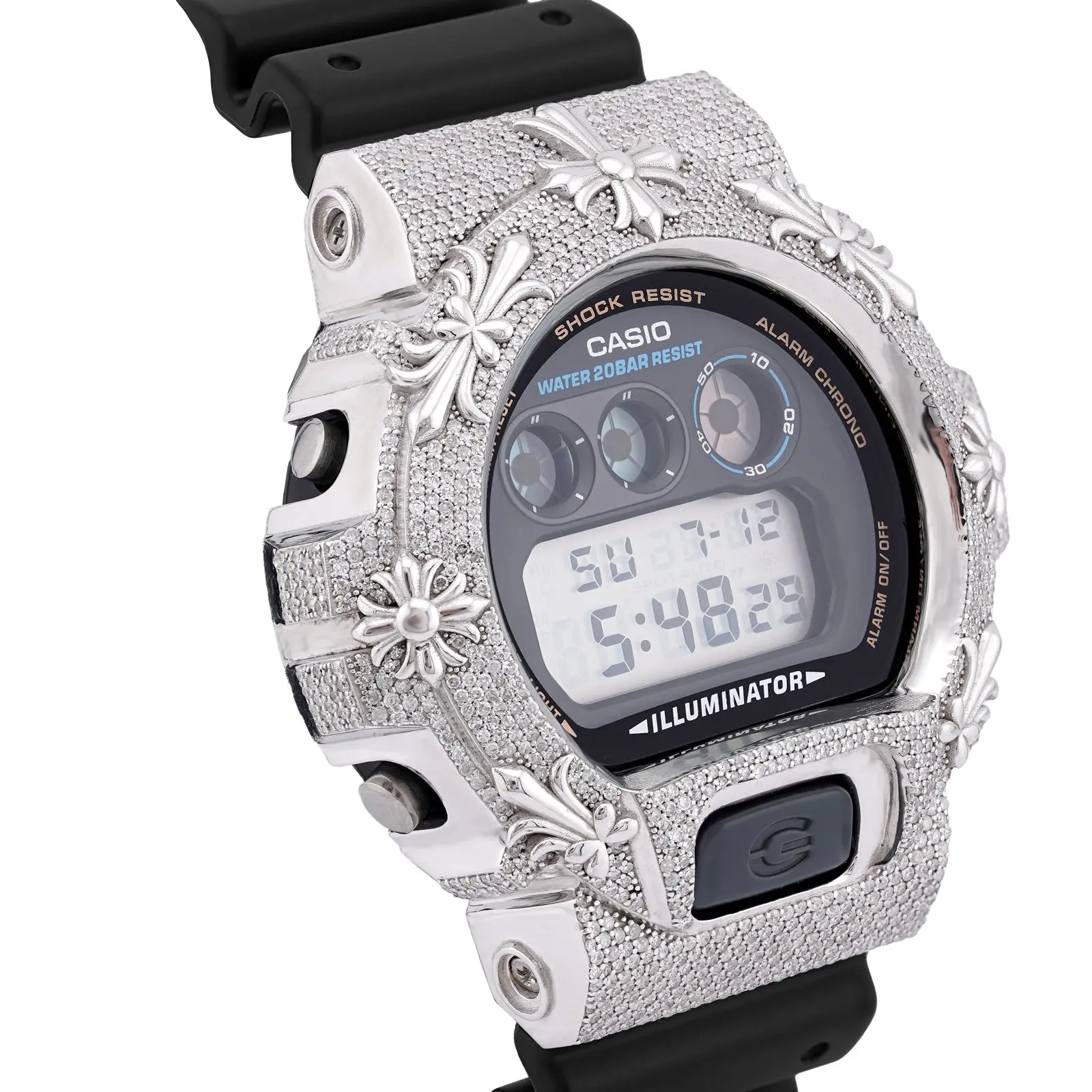 G-Shock DW-6900 3.5CT Natural Diamond White Chrome Heart Cross Watch