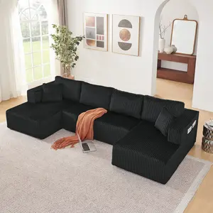 132" Boneless Sectional Cloud Couch Sofa for Living Room, U-Shaped Couch with Double Chaise Lounge, Comfy Memory Foam Modular Sofas Couches for Living Room (Black, 132.48" U-Shaped)