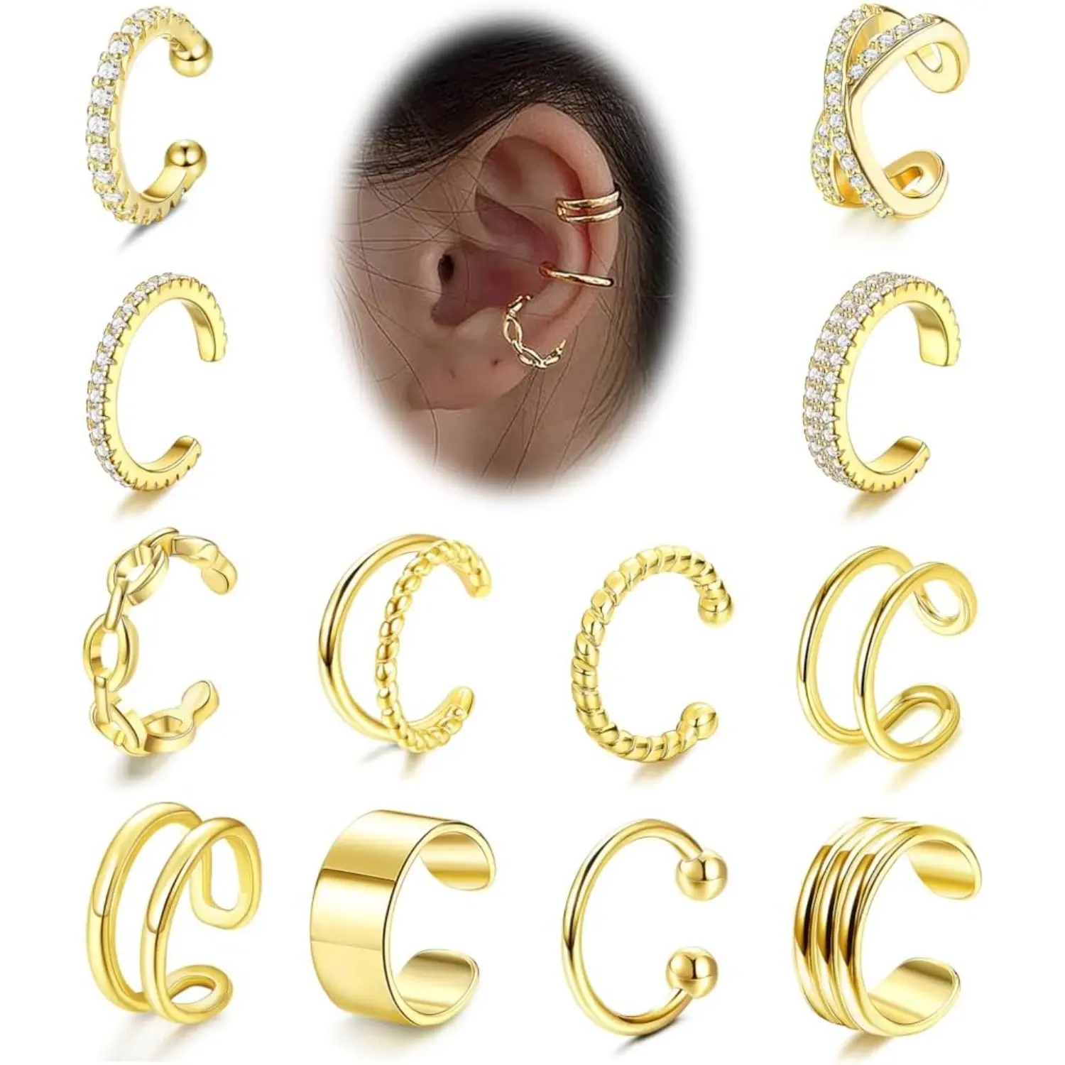 12Pcs Ear Cuffs For Women Non Piercing 18K Gold Plated Cuff Earrings Clip On Cartilage Wrap Earring Adjustable Earrings Set Gold Earing