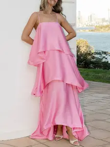 New Summer Women's Adjustable Strap Dress, Solid Color Elegant Floor-Length Flared Skirt with Ruffle Design, Satin Strap Holiday Style Casual Wear Shiny Dress, Womenswear