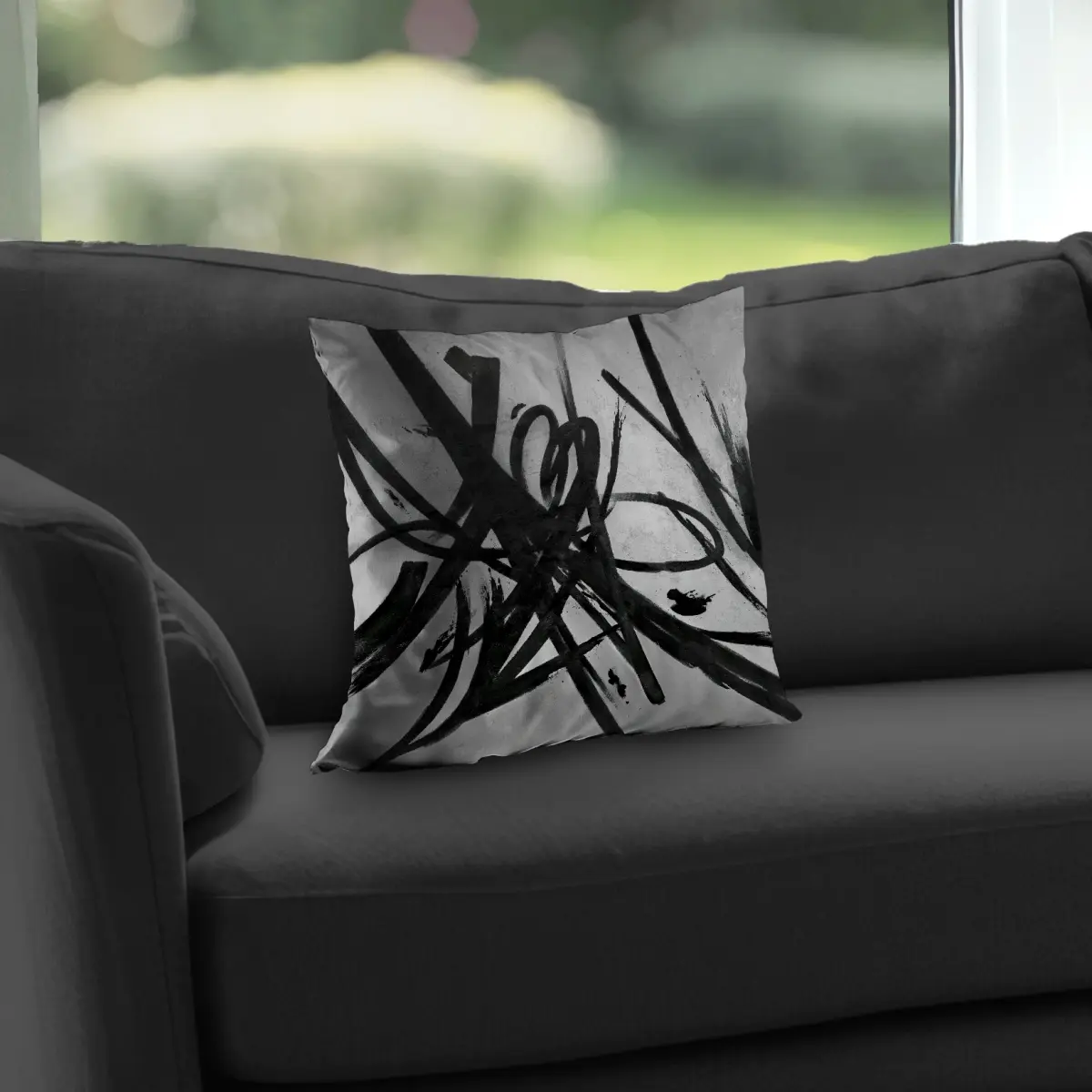 14x14 in. Modern Contemporary Circular Strokes Gray Polyester Twill Throw Pillow with Plush Insert & 360 Stand - Geometric, Abstract Geometric Design Standard Pillow for Interior Home Decor Textiles & Soft Furnishings Accessory, Abstract Geometric Design