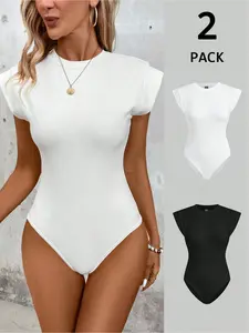 2pcs/Set Women Casual Minimalist Black & White Round Neck Skinny Bodysuit Suitable For Going Out