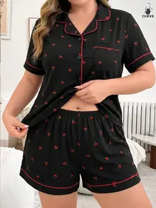 Women's Plus Size Bubble Pleated Sleepwear Set, Cherry Print Short Sleeve Open Front Top and Shorts, Wearable Loungewear