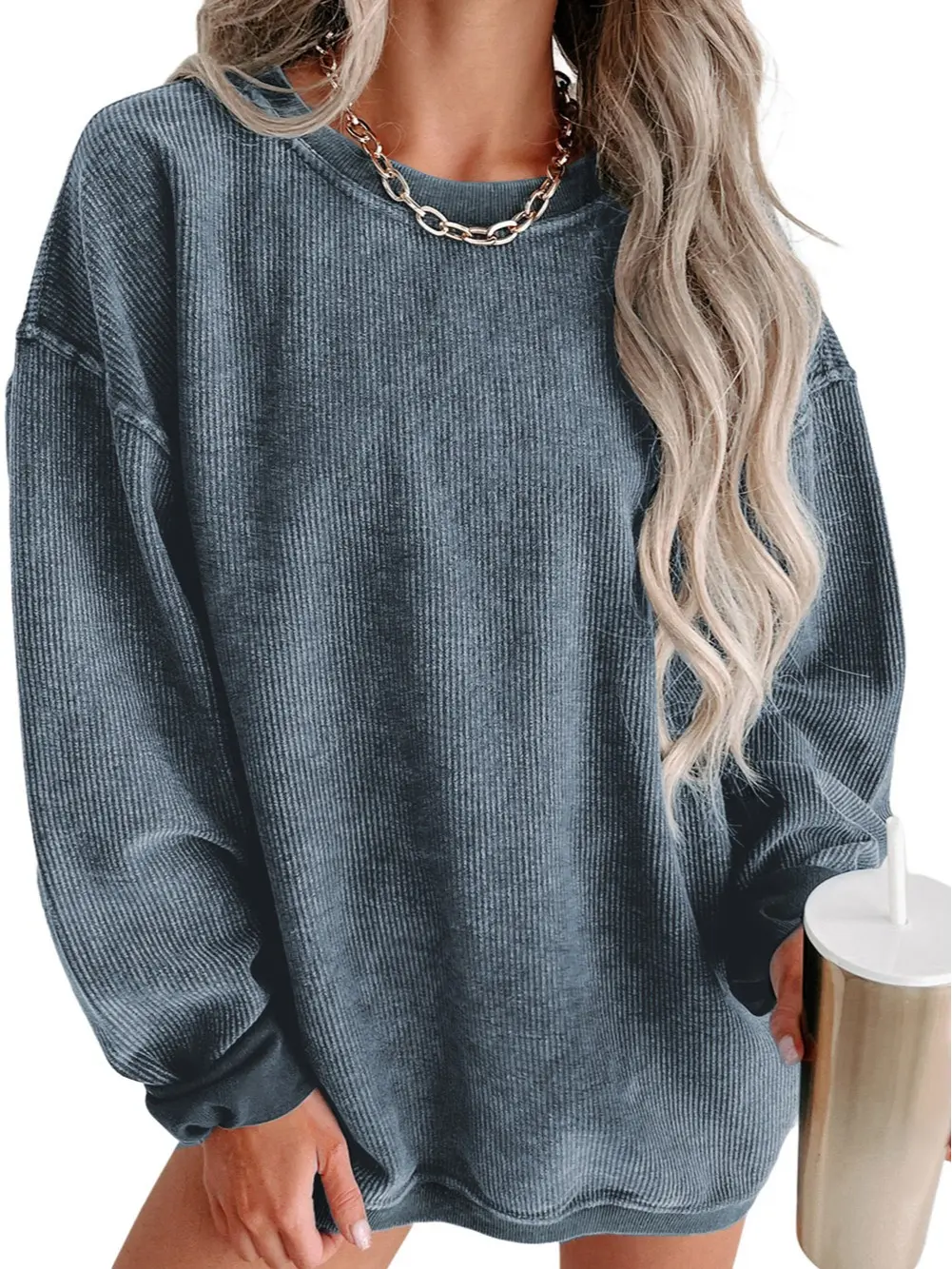 Cali Chic Women's Sweatshirts Blue Solid Oversized Casual Knit Pullover Long Sleeves Womenswear Ribbed