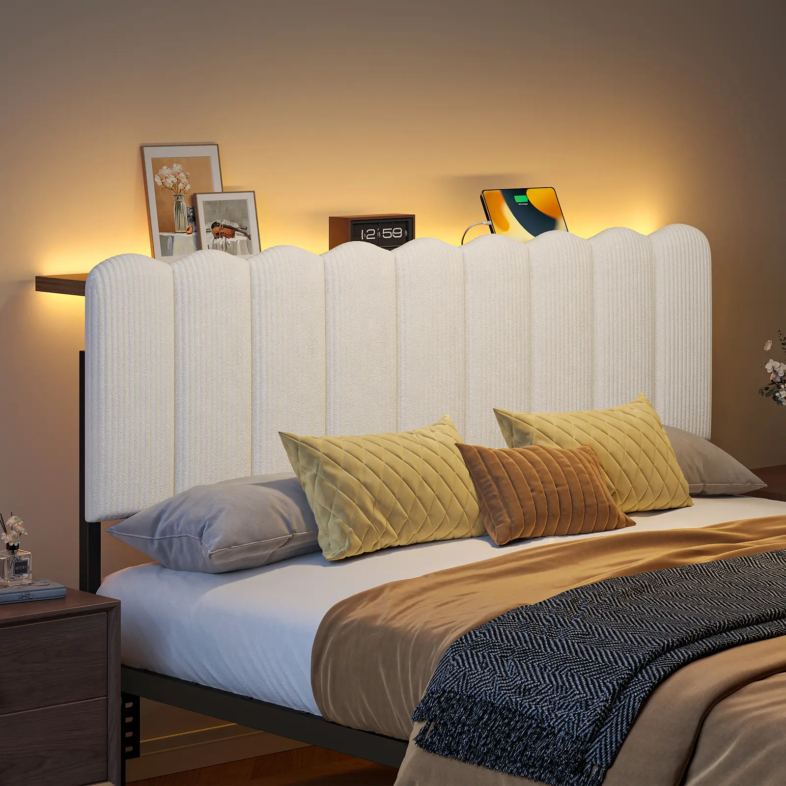 Pinmoco Smart Modern Beige Striped Upholstered LED Headboard for Bed - Memory Foam Feel, All-Metal Ergonomic Support, Storage Shelf, Type-C & USB Charging Station, Fits Twin/Full/Queen Beds, Modern Bedroom Furniture for Small Spaces (Headboard Only), Char
