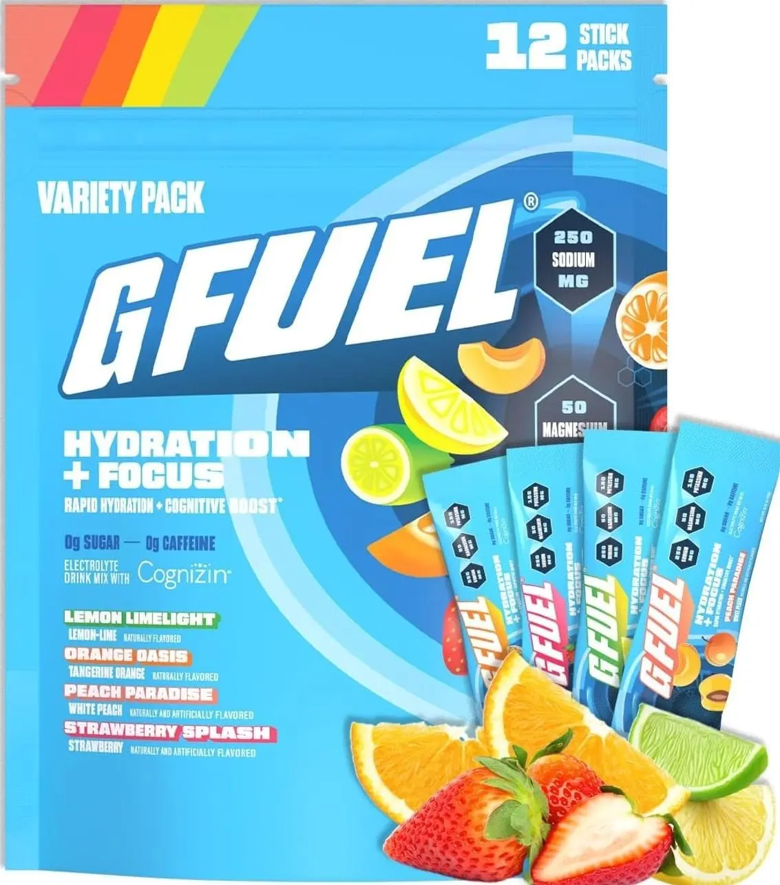 G Fuel Electrolytes Powder for Instant Hydration and Focus | Sugar Free Electrolytes Variety Pack of Lemon, Orange, Peach, Strawberry, Nootropic Drink Mixes to Sharpen Mental Focus, 12 Servings