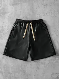 Men's Drawstring Waist Leather Shorts, Pure Casual Fashion Item, Perfect Gift for Husband or Boyfriend