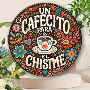 Vintage Round Metal Wall Art - 8x8 Inch Aluminum Coffee Decor with Spanish Phrase "Un Cafecito Para El Chisme" - Retro Kitchen, Cafe, Bar, Bedroom Decor - Unique Gift for Coffee Lovers, Home Decor Gifts, Vibrant Illustration, Coffee Bar Signs