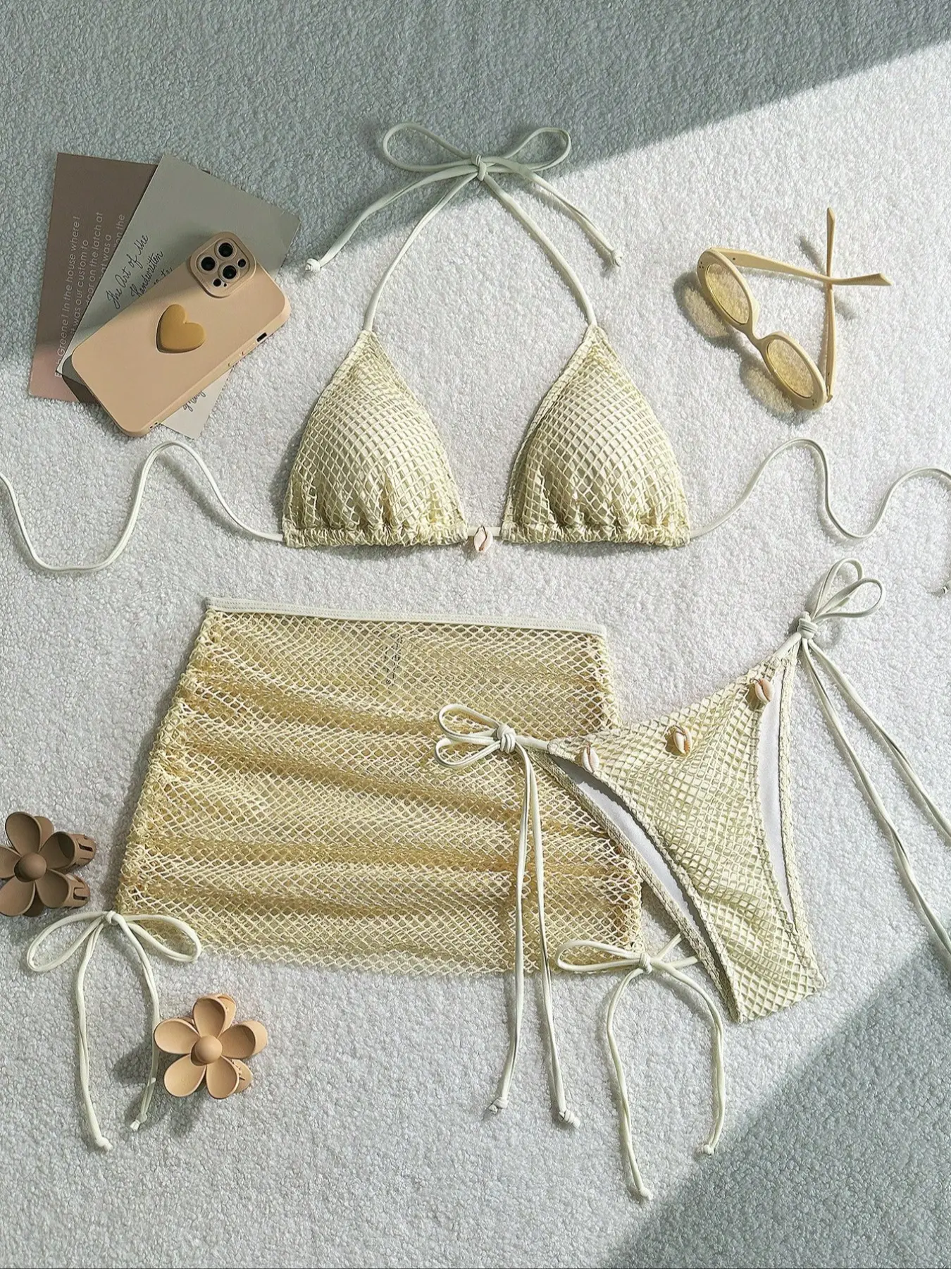 Women's Triangle Plain Bikini Set, Adjustable Strap Fishnet Top and Swimwear, Transparent Mesh Cover Skirt, Elegant Beach
