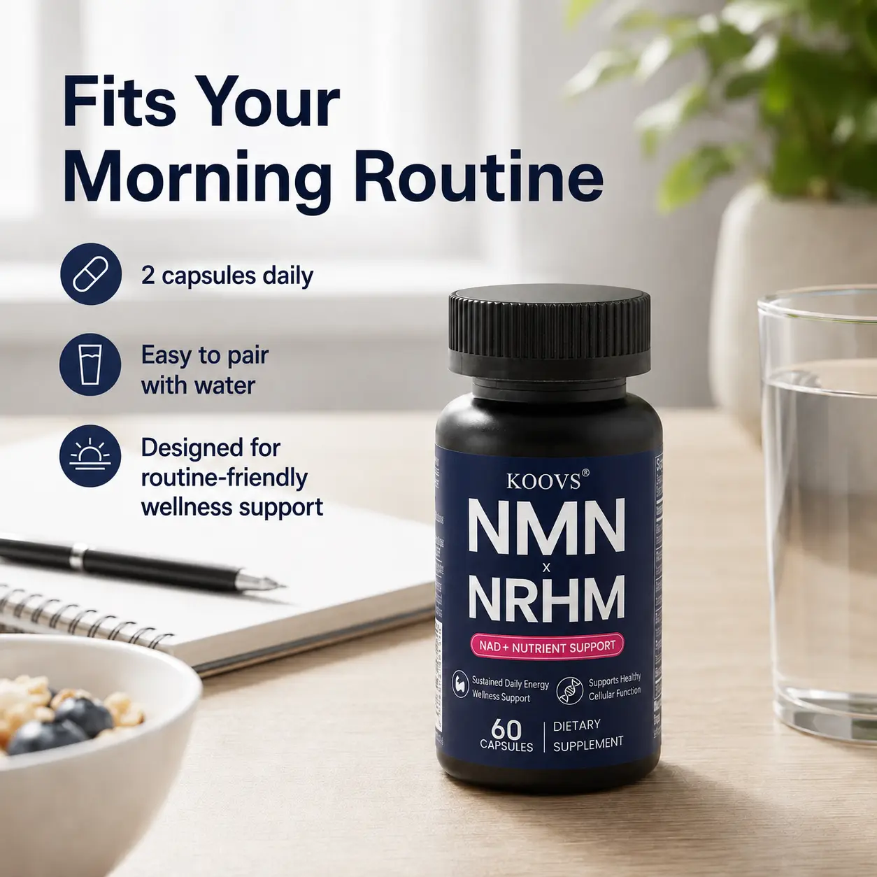 NMN-NRHM Complex Dietary Supplement Bottle, 750mg Per Serving, 60 Capsules - Dual NAD+ Booster Precursor with Beta Nicotinamide Mononucleotide, Nicotinamide Riboside Hydrogen Malate, Astragalus Root Powder, BioAgeX Blend for Cellular Support