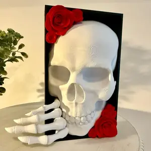 3D Printed Bookend Skull with Red Roses and Skeleton Hand Decorative Art Piece for Home Decor for Bookshelf