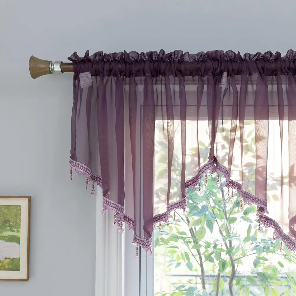 Beaded Sheer Valance Curtains For Living Room,Rod Pocket Farmhouse Window Valance, Bead Trim Tassel Voile Sheer Curtain Valance For Bedroom,Bathroom,Cafe 51x24 Inches (Dark Purple) 1PC