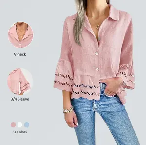 Imily Bela Women’s Casual Dressy Button Up Shirt, Loose Ruffle Hem Hollow Out V-neck Blouse Top