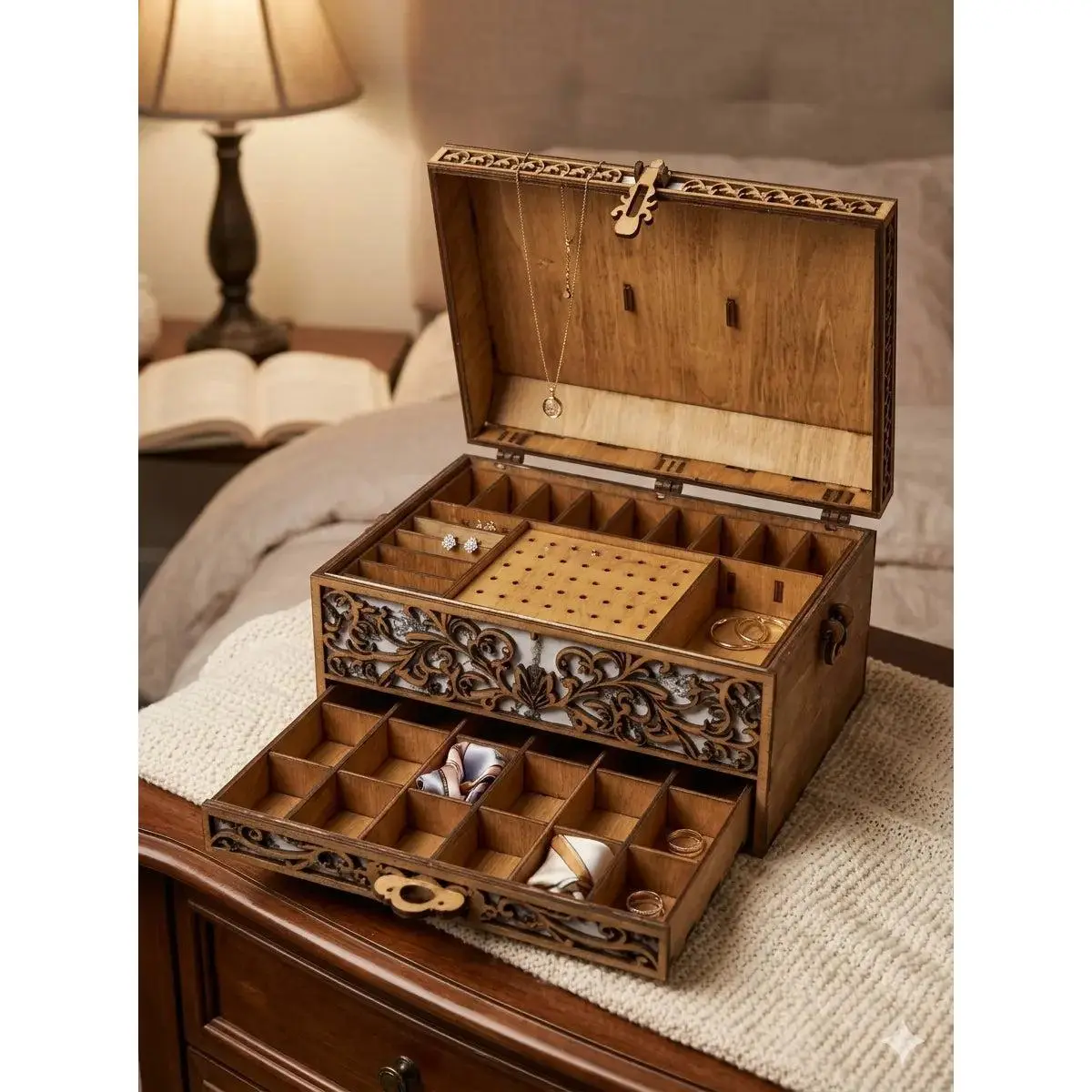 Vintage Heirloom Chest-Like Jewelry Storage Box with Hidden Drawer - Dresser Organization Solution, Bedroom Home Supply, Ideal for Anniversaries, Graduations Gifting