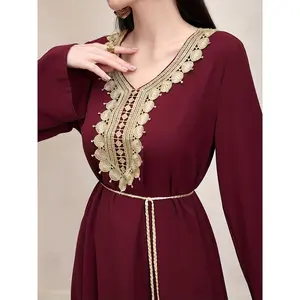 Women'S Elegant Arabic Dress - Traditional Long Robe with Embroidery, Decorative Waist Tie, Faux Pockets, All-Season Wear, Long Sleeve, Solid Color, Non-Stretch Fabric, Regular Fit, Polyester Fiber, Non-Stretch Fabric, Arabian Fashion | Embroidered Detail