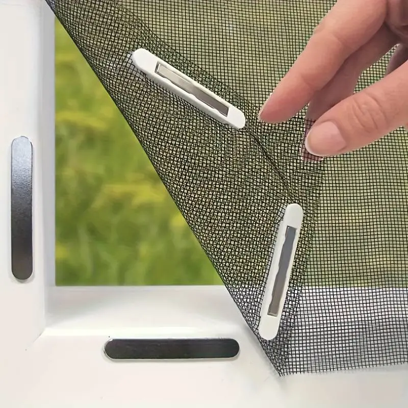 This black, removable, and trimmable mosquito screen can be easily installed without drilling.  It features a dense mesh, Velcro fasteners, and magnetic clips to ensure a secure fit.