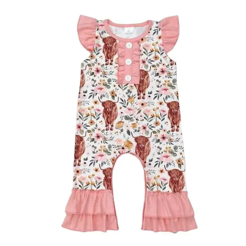Baby Girl Romper, Cute Highland Cow Print Jumpsuit with Ruffle Shoulders, Soft Long Sleeve Infant Toddler Clothes, Baby Clothing