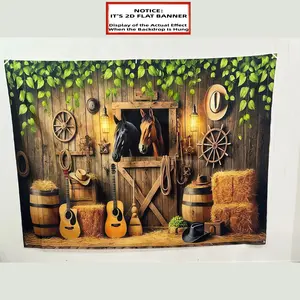 2D Flat Banner, 1pc 8x6ft Polyester Party Banner, Party Decorations Banners, Party Background Decoration - Rustic Country Barn Scene Backdrop, Farmhouse Musical Instruments & Horses Design, Indoor & Outdoor Decor for Home & Garden Celebrations