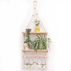 Wall Hanging Shelves Macrame Boho Floating  Photos Storage Rack  Shelf with Hooks for Bedroom Living Room Bathroom (2tier Shelves)