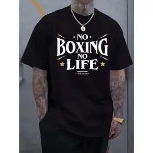 Men's Casual Short Sleeve T-Shirt with "NO BOXING NO LIFE" Graphic Print, Light Grey Regular Fit Round Neck Tee for Summer & Spring Outdoor Activities, Casual Wear, Urban Fashion, Easy Care, Printed Shirt, Streetwear Lovers, Spring Clothing, Streetwear St