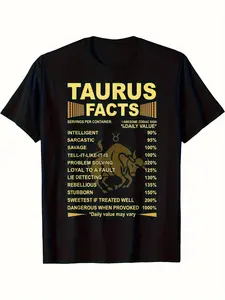 Men's Plus Size Taurus Zodiac Graphic T-Shirt | 100% Relaxed Fit Short Sleeve Tee with Retro Vintage Style, Crew Neck, Machine Washable, Soft Microelastic, All-season Wear, Perfect for Daily & Birthday Gifts, Summer Collection, 220G