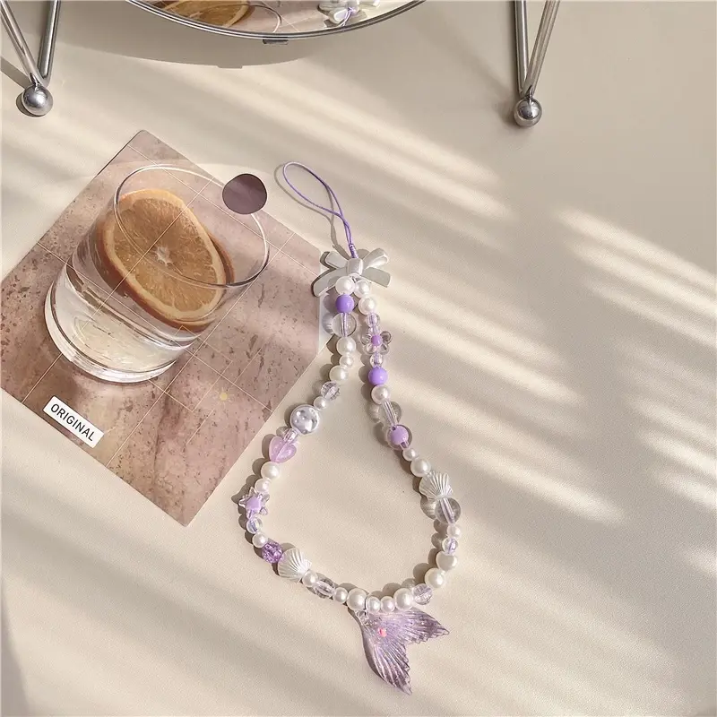 Coquette Bow Shiny Ocean Purple Mermaid Phone Strap Phone Charm Shimmery Spring Summer Phone Accessories Beaded Charms Phone  Kindle Strap