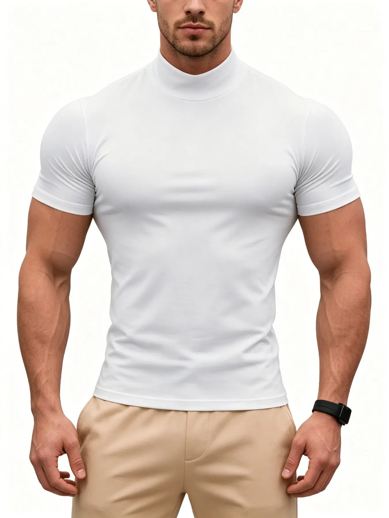 Men's Half High Neck Tight Fit Short Sleeve, Breathable Ice Silk Fabric, Summer Top, Breathable Sportswear Top, Sporty T Shirt, Activewear T Shirt, Fitness Shirts, Fitness Apparel, Slimming, Versatile for Fitness, Commute, Daily Wear