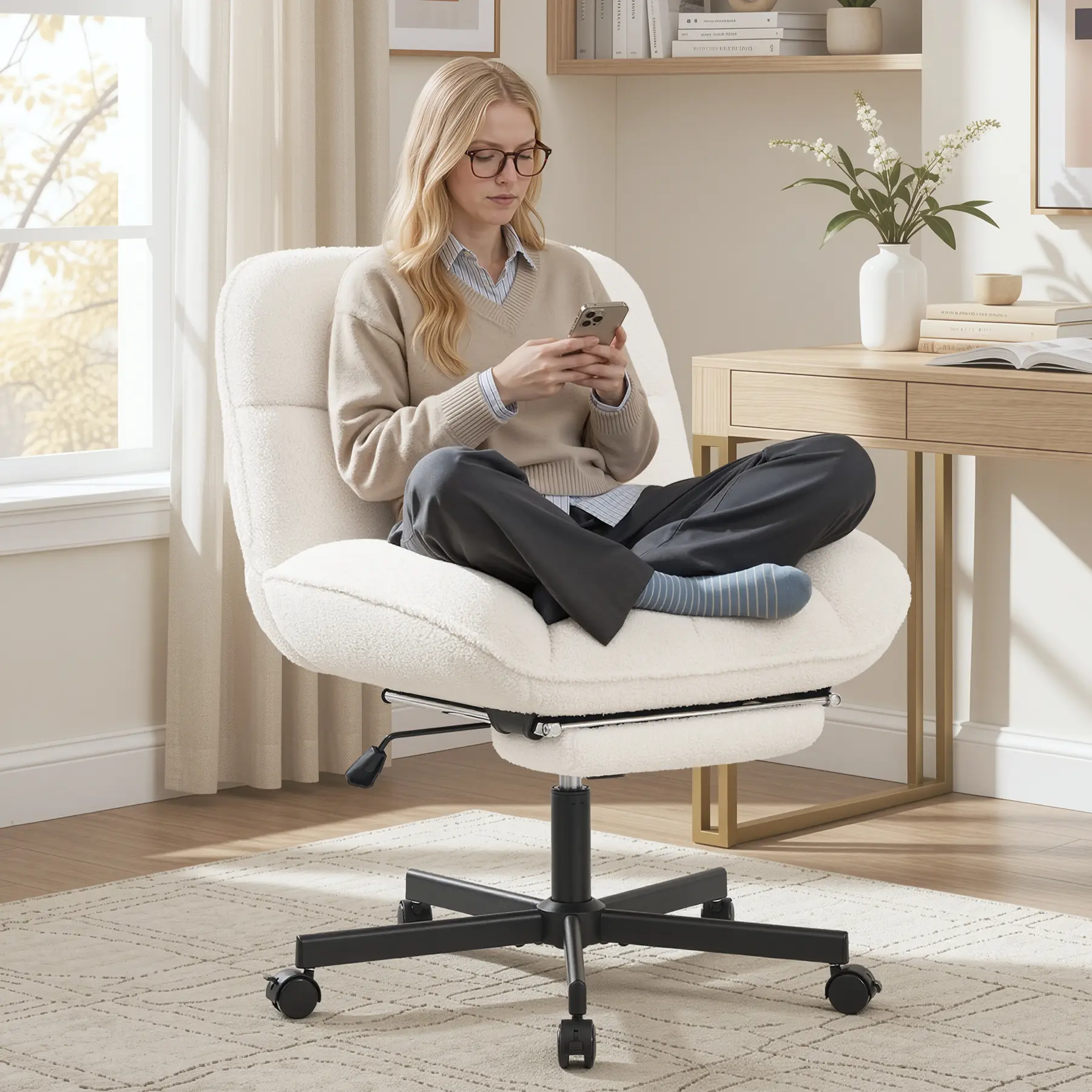 Criss Cross Chair with Foot Rest, Thick Cushioned Cross Legged Office Chair, Sherpa Swivel Vanity Chair, Comfy Height Adjustable Computer Office Desk Chairs for Home Office,Vanity