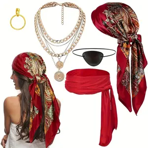 Halloween Ball Party Cosplay Pirate Dress Up Accessories Headscarf Belt Necklace Bracelet Set Red 5-Piece Costume Womenswear