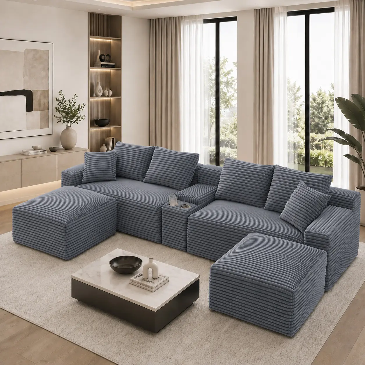 127-Inch U-Shaped Corduroy Modular Cloud Sectional Couch (Boneless Compressed), 3-Package Shipping, No Assembly, Black Living Room Sofa with Cup Holders, USB Ports & 2 Free Ottomans (Boneless Couches)