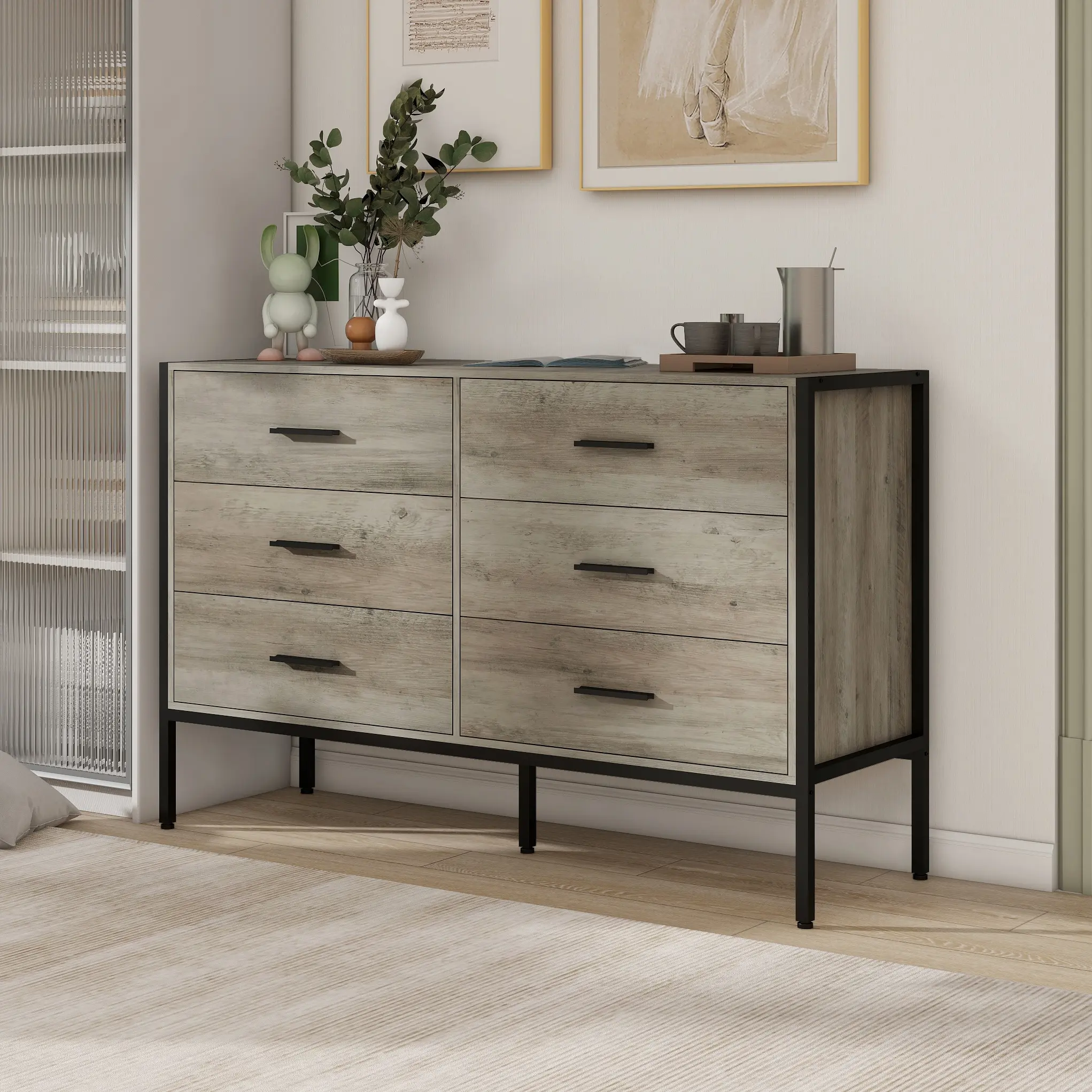 48-Inch Distressed Neutral Finish Wood Dresser with Sturdy Metal Frame - 6 Drawers, Holds Up to 25 lbs per Drawer, 55.12 lbs Weight, French Country Indoor Storage Unit (48.58"W×15.75"D×31.22"H) for Bedroom, Kitchen, Assembly Required, Nursery